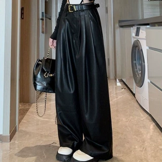 时尚感宽松休闲裤皮裤女 2023年春秋季韩式高腰阔腿裤 拖地长裤子
