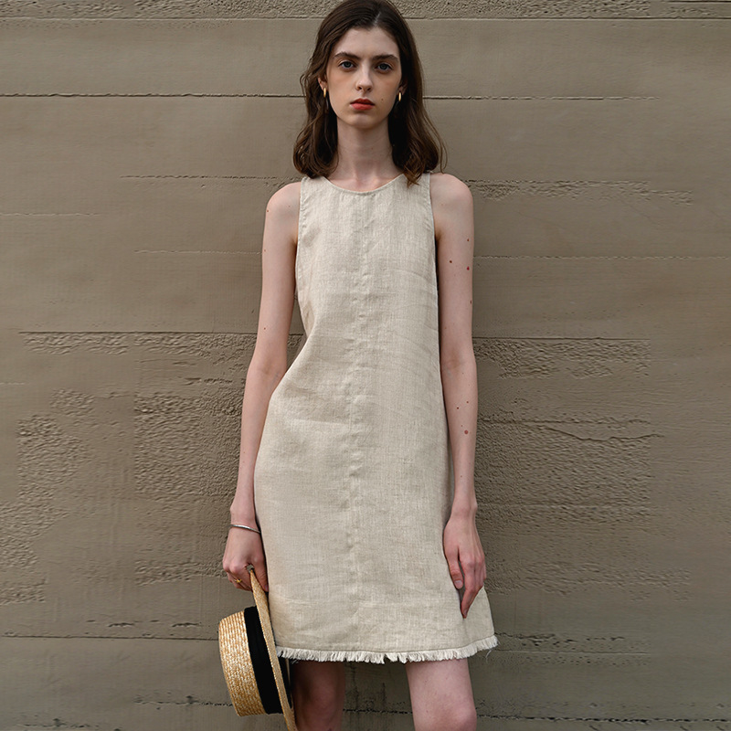 [Clearance Sale] Women's Linen Tank Dress Summer Sleeveless Short Dress Loose Casual Fringe Hem A-Line Dress