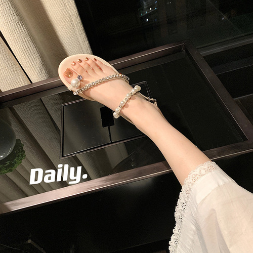 【sheii Su Yinyin】Delicate Girl~ Rhinestone Pearl Open-Toe Sandals Flat  Summer Large Size Women's Shoes