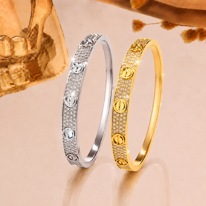 Trendy screw-style bracelet with full diamond embellishments, a sophisticated accessory that exudes elegance and is versatile for any outfit, an open-style bangle, a popular internet sensation Trendy screw-style bracelet with full diamond embellishments, a sophisticated accessory that exudes elegance and is versatile for any outfit, an open-style bangle, a popular internet sensation