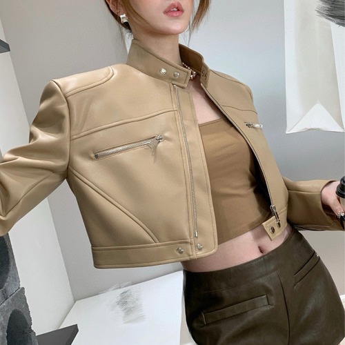 YIMENG German jacket fashionable wear niche design environmentally friendly leather stand-up collar short top for women