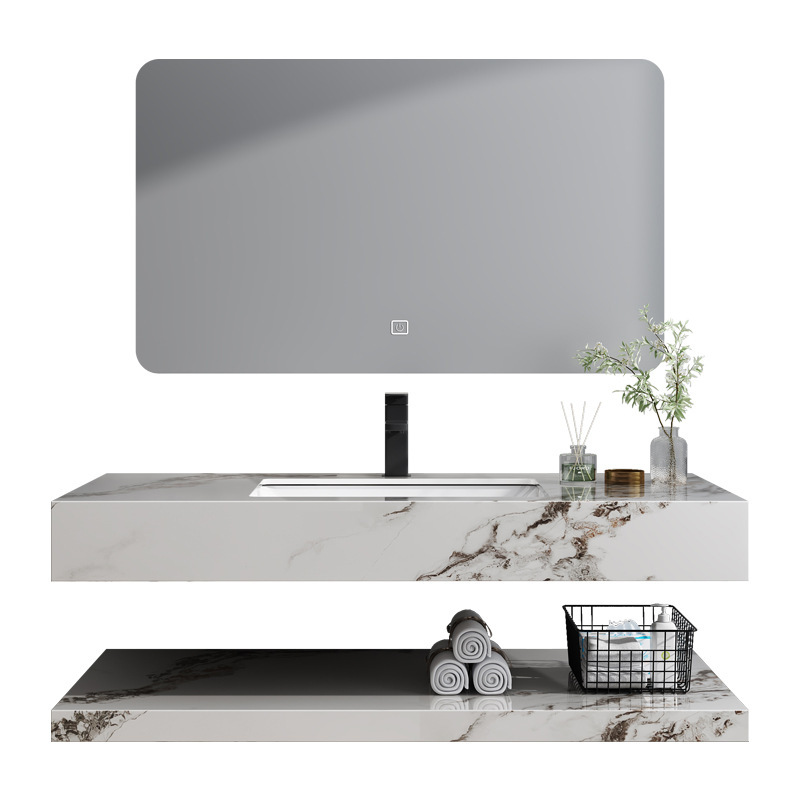 Pequeno oso personalizado espejo inteligente lavabo cerámico de placa de roca lavabo doble capa baño gabinete conjunto de gabinete de baño