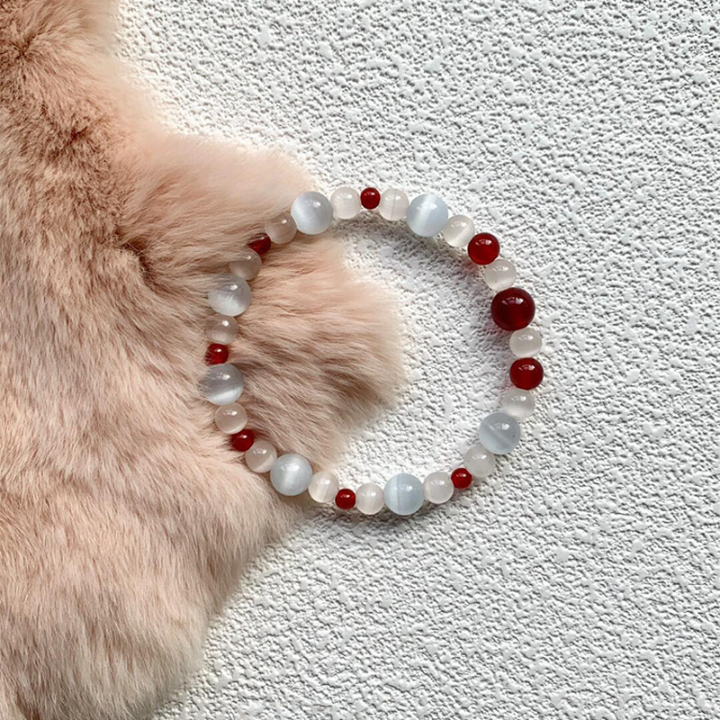 "Red Makeup for You" New Chinese Style Red Size Litchi Frozen Cat's Eye Beaded Bracelet Retro Exquisite White Bracelet for Women