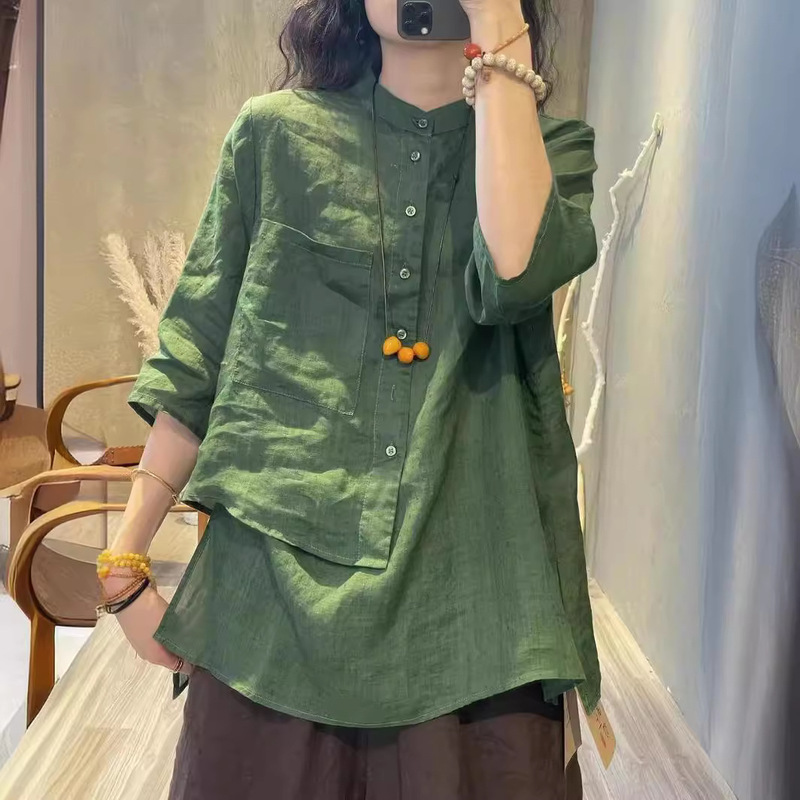 Vintage Cotton and Linen Irregular Seven-point Sleeve Shirt Women's 2024 Autumn Design Sense Elegant Loose Belly-Covering Slimming Top