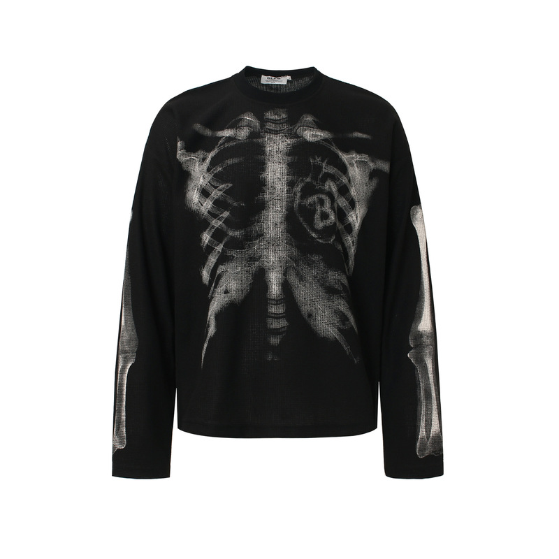 American Retro Skeleton Print Design Long-Sleeved T-Shirt for Men, Autumn Street Style Loose Casual Trendy Couple's Top