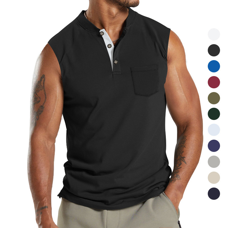 2024 Summer New Kam Shoulder Large Men's Short Sleeve Button Pocket Sleeveless T-shirt_voghion.com