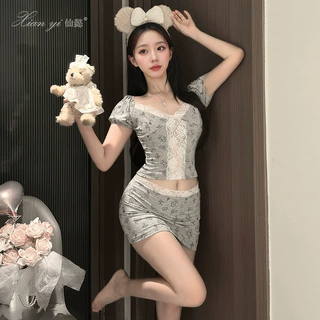 仙懿睡衣女法式纯欲甜美蕾丝印花短袖夏季包臀裙可外穿家居服027