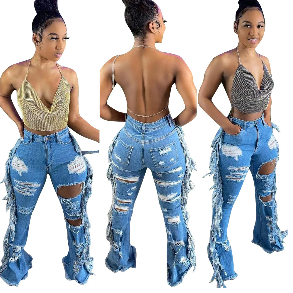 Vintage jeans med hög midja för damer med fransad kant_voghion.com