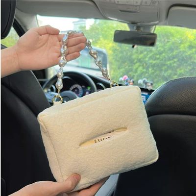 Tissue Bag, Car tissue box/set - seersucker-square-tissue-box-beige