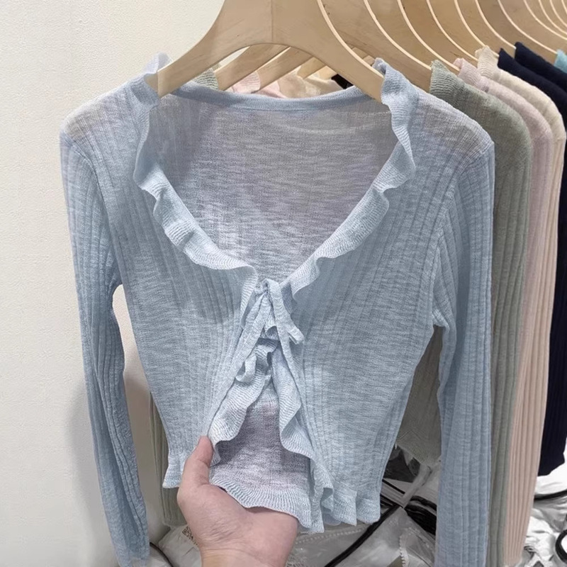 2026 Spring New Thin Style Ruffled Lace-Up Knitted Cardigan Long Sleeve Women's French Style Sun Protection Shawl Top 2026 Spring New Thin Style Ruffled Lace-Up Knitted Cardigan Long Sleeve Women's French Style Sun Protection Shawl Top