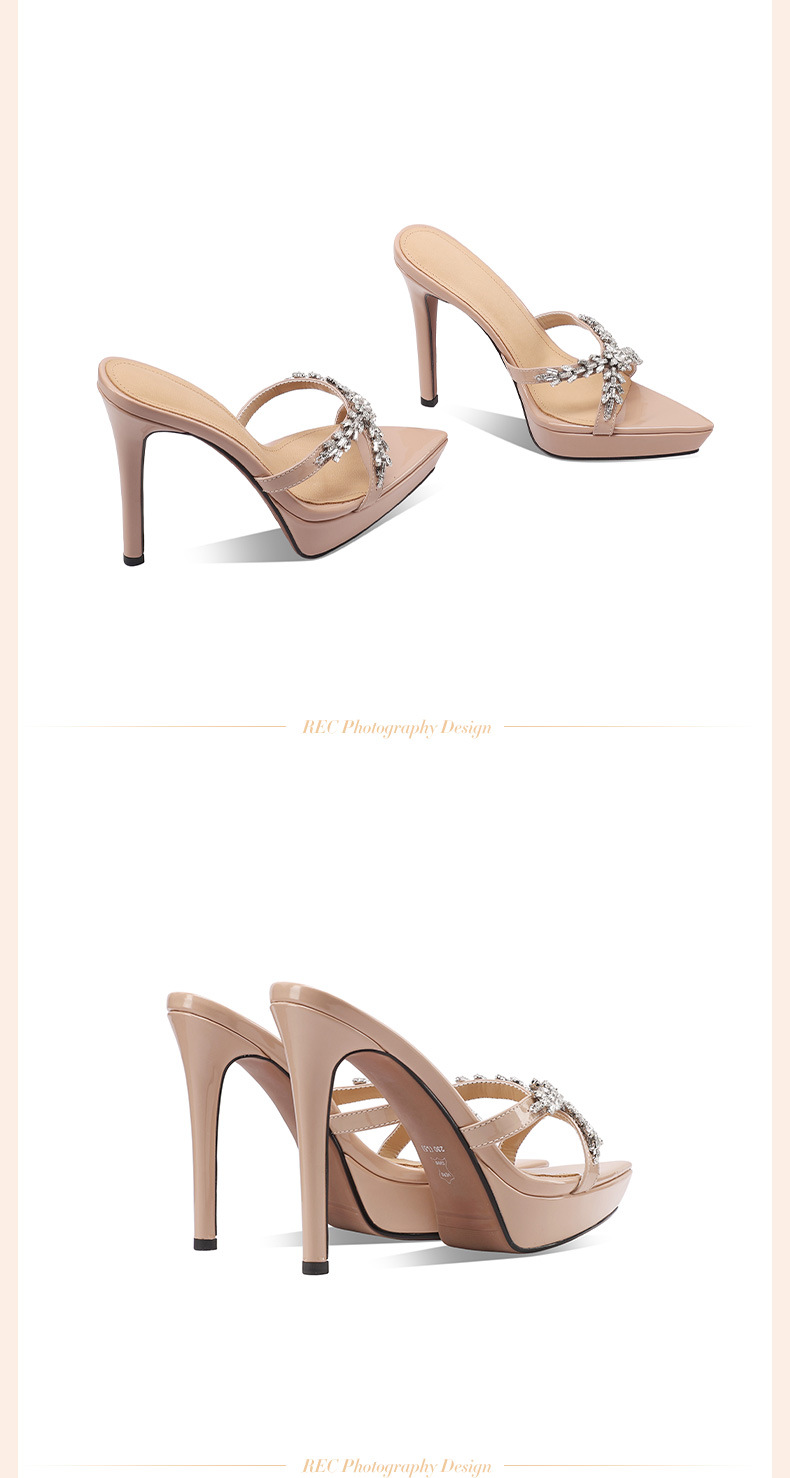 Sandal cao gót nữ mũi nhọn hở ngón đính đá rhinestone, gót 10 cm, đế platform — Màu nude 10cm chi tiết 14