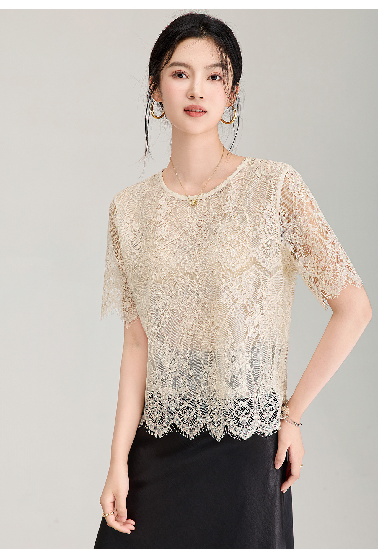 Áo thun nữ cổ tròn tay ngắn ren viền cổ phong cách Pháp — màu đen chi tiết 14