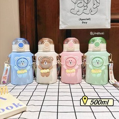316 ステンレス鋼のかわいい子供用魔法瓶カップ、人形ストラップ付き、男女学生用大容量クロスボディケトル