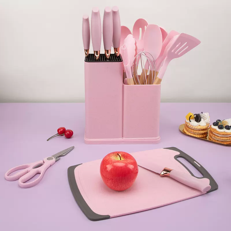 厨房硅胶厨具防滑19件套烹饪刀具收纳桶装木柄硅胶厨具套装耐高温