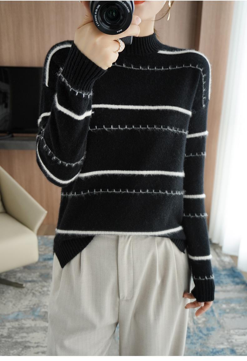 简约条纹软糯毛衣女 冬季半高领针织打底衫慵懒撞色内搭保暖毛衣