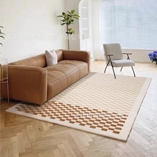 新西兰羊毛现代简约棋盘格客厅沙发地毯卧室北欧轻奢高级咖色地垫