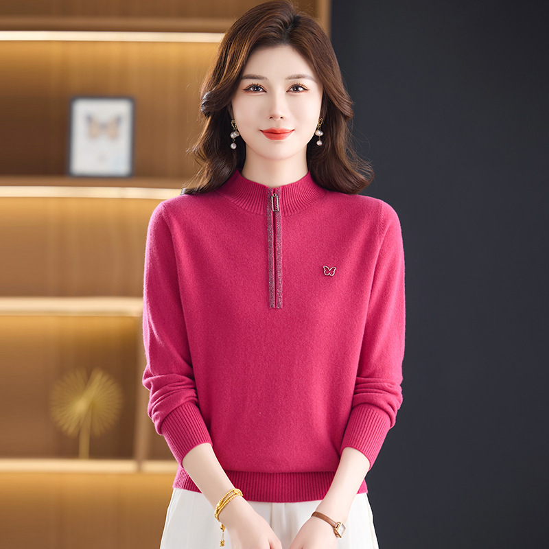 New Autumn and Winter Knitted Wool Sweater, Fashionable Half-Zip Half-Turtleneck, 100% Sheep Wool Sweater, Solid Color, Full Wool Women's Clothing