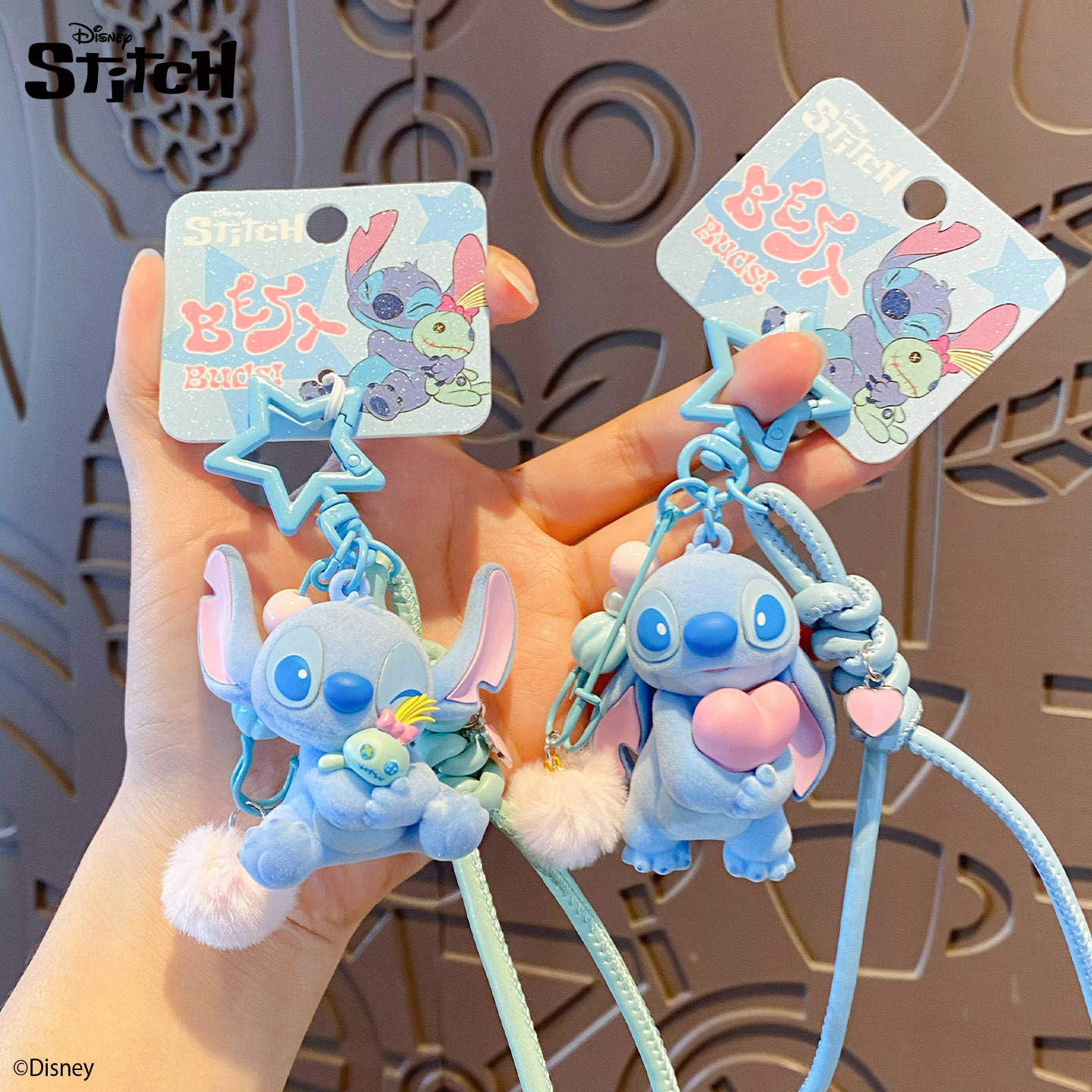 Authentic Stitch cartoon flocked heart hug keychain, exquisite and cute doll, couple bag charm