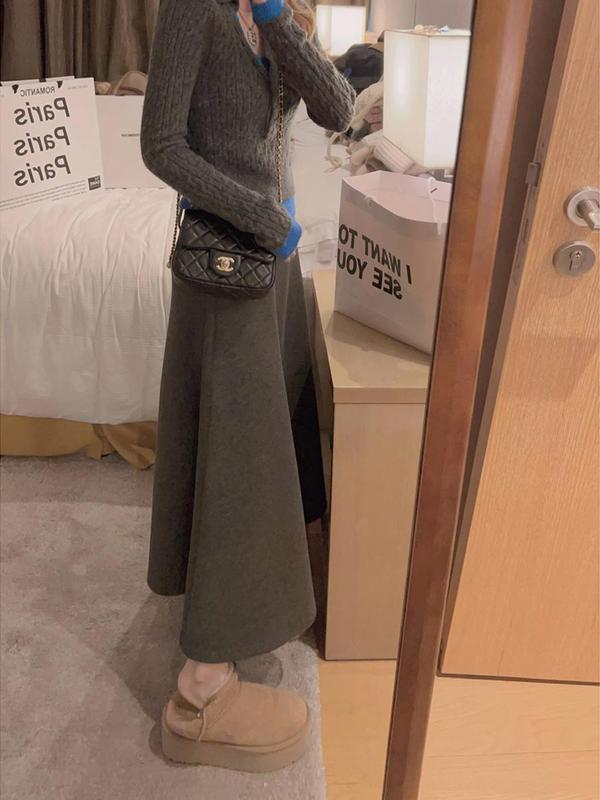 Yukiss 灰色长款羊毛加绒高腰鱼尾裙半身裙女冬韩系修身显瘦a字裙|undefined