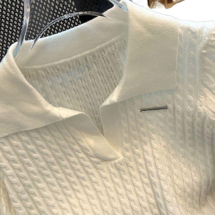 Polo Collar Ice Silk Knit Top For Women, Thin Loose Fit, Slimming, Plus Size, Short Sleeve T-Shirt_ecoleips.com