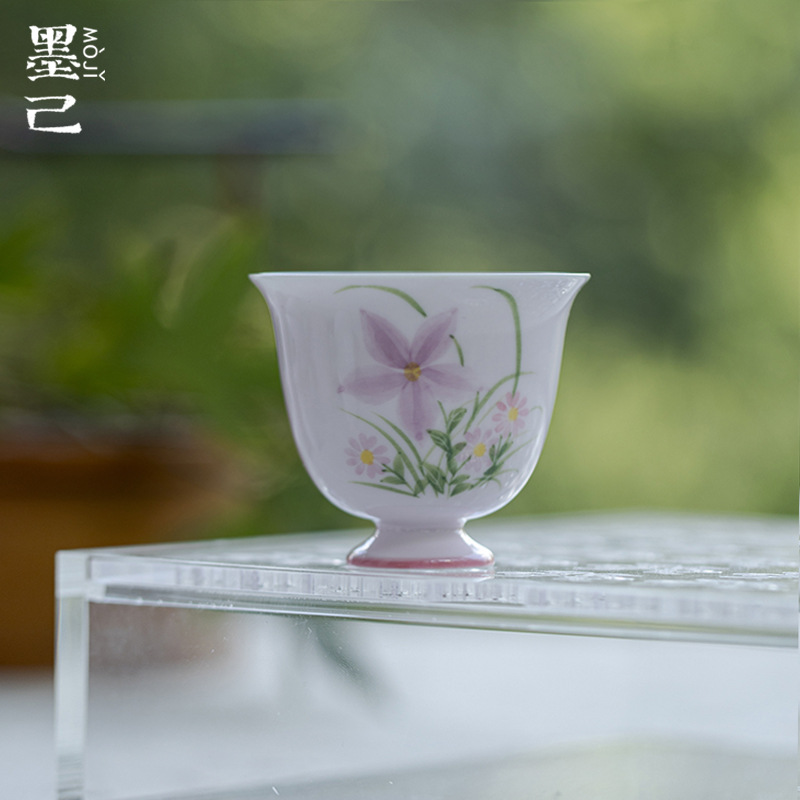 墨己仿宋高足手绘小茶杯功夫茶具釉下彩悠绽粉韵品茗杯家用陶瓷杯