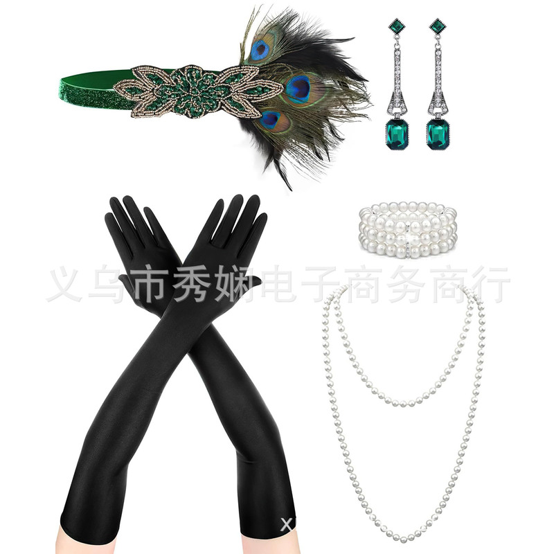 1920S Flapper Headband Gatsby Prom Suit Headband Earrings Gloves Necklace Bracelet Set