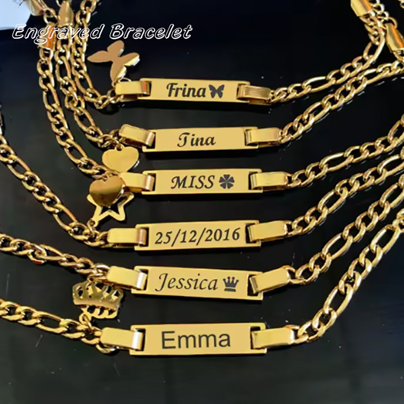 New Chinese-Style Minimalist Long Bar Engraved Children's Bracelet with Personalized Private Marking, Logo, Letters, Name, and Crown Hand Jewelry