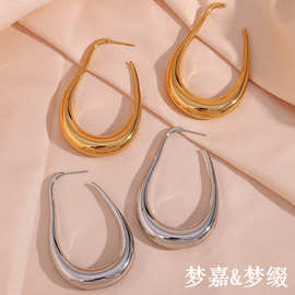 欧美ins时尚简约夸张耳钉耳圈饰品不锈钢镀18K空心曲线大勾耳环