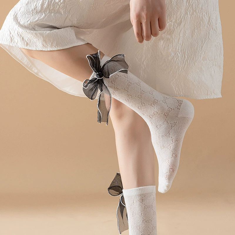牵手人 Summer thin cute white colored Japanese knee socks with bow