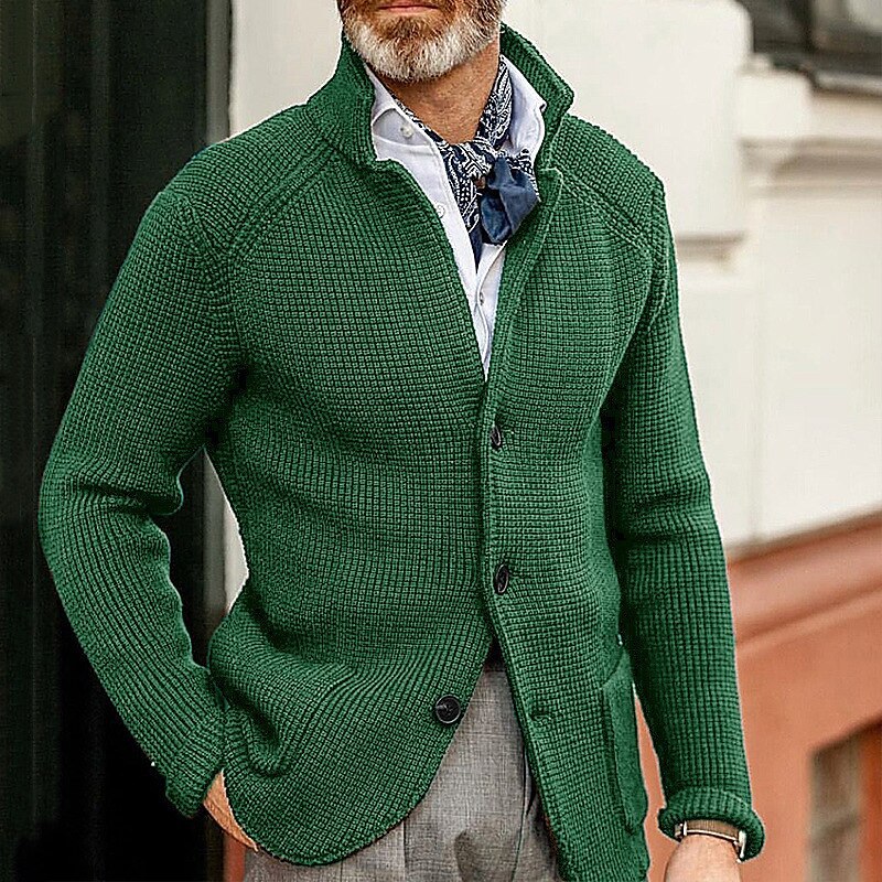 357g Weight Long Sleeve Sleeve Length Single Breasted Placket Type Polyester Fabric Type Long Top Length Sweater Tops Type Casual Occasion Standing Collar Neckline Slim Fit Type Solid Color Pattern Winter, Autumn Season Men's Gender Simple Style Style Men's Simple Style Solid Color Single Breasted Sweater 29