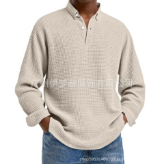 2025亚马逊独立站欧美跨境男装秋冬男士华夫格翻领长袖POLO衫衬衫