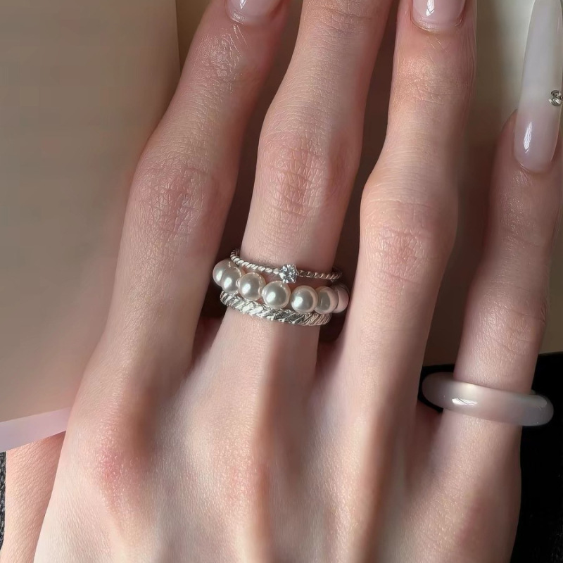 French-Style Pearl Twist Stacking Rings for Women, Niche Design, Light Luxury, High-End Feel, Zircon Pearl Open Ring French-Style Pearl Twist Stacking Rings for Women, Niche Design, Light Luxury, High-End Feel, Zircon Pearl Open Ring