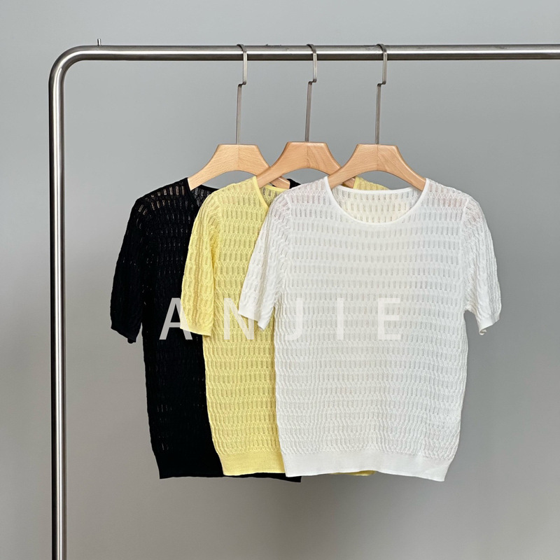Women's Summer Thin Short-Sleeve Knit Top with Hollow-Out Design, French Fairy-Style, Made of Mulberry Silk and Tencel Women's Summer Thin Short-Sleeve Knit Top with Hollow-Out Design, French Fairy-Style, Made of Mulberry Silk and Tencel