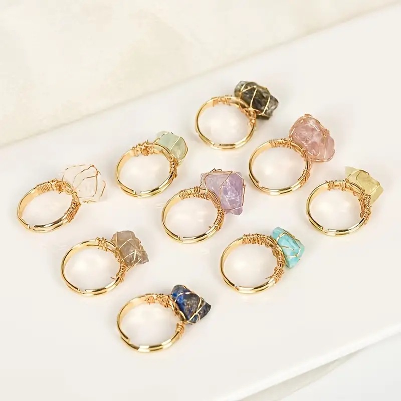 跨境热销天然石活口戒圈不规则原石紫晶白水晶手工绕丝可调节戒指