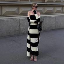欧美新款跨境女装针织撞色性感修身裹胸条纹包臀连衣裙高腰显瘦