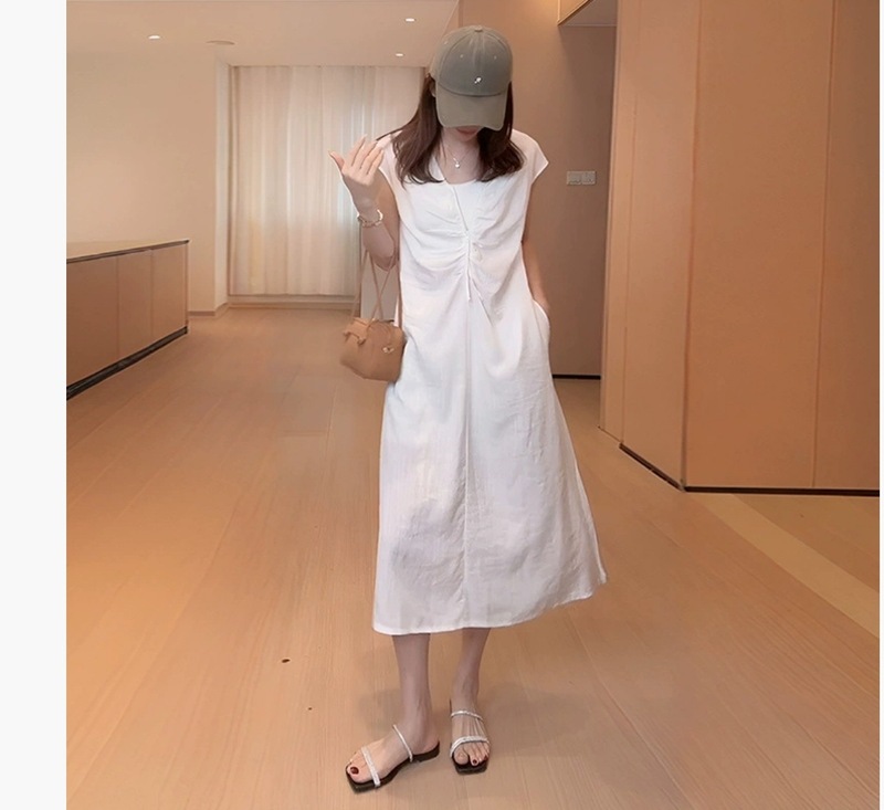 7348现货 法式浪漫风V领褶皱修身短袖长裙夏季显瘦收腰无袖连衣裙|undefined