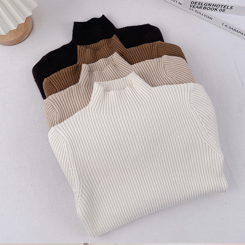 2025 otoño e invierno nuevos productos versión coreana de cuello medio alto elástico suéter para niños camisa de fondo de estilo occidental salvaje suéter de punto para niños