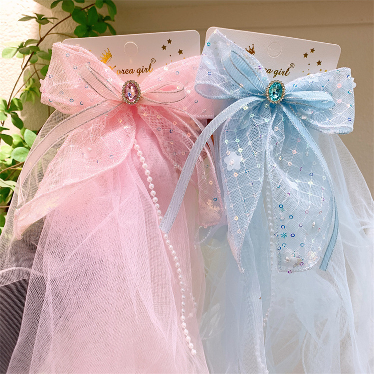 Children's Mesh Bow Head Veil Hair Clip, Sweet Princess-style Bridal Veil Top Clip, Girls' Headwear with Pearl Ribbon Hairpin