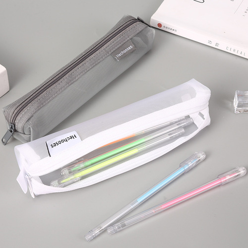 Simple transparent mesh pencil bag storage bag student exam special portable pencil bag mini square stationery bag wholesale