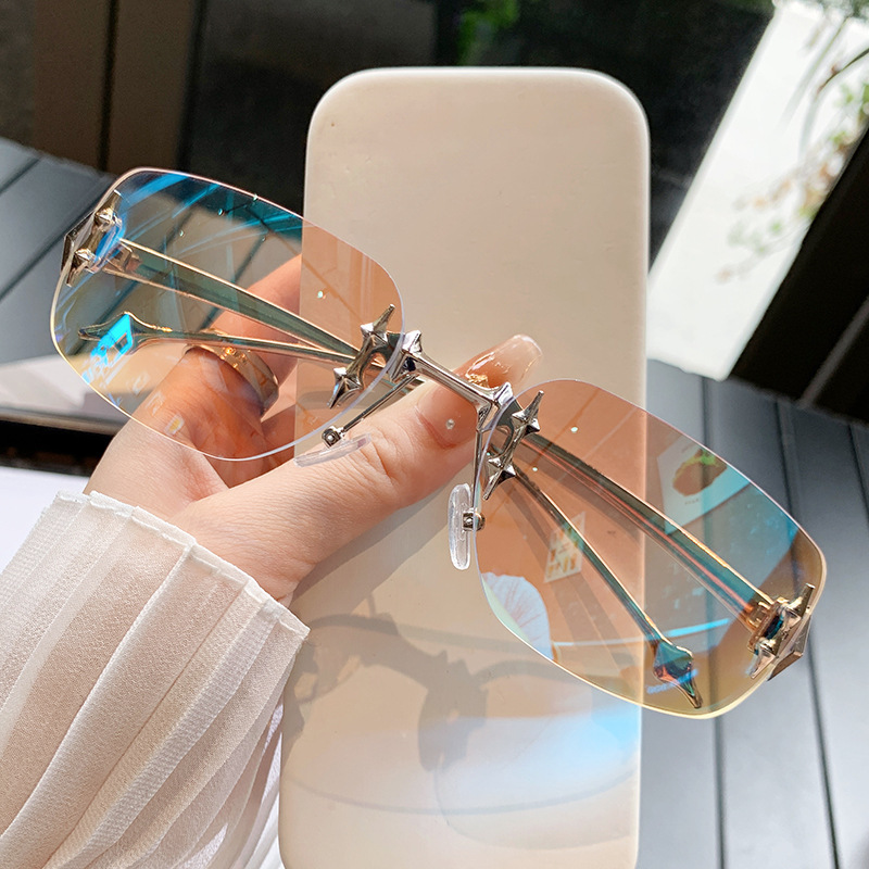Frameless Chamfered Sunglasses For Men Stylish Design Star Patterned Y2K Unique Small Square Frame New Hot_voghion.com