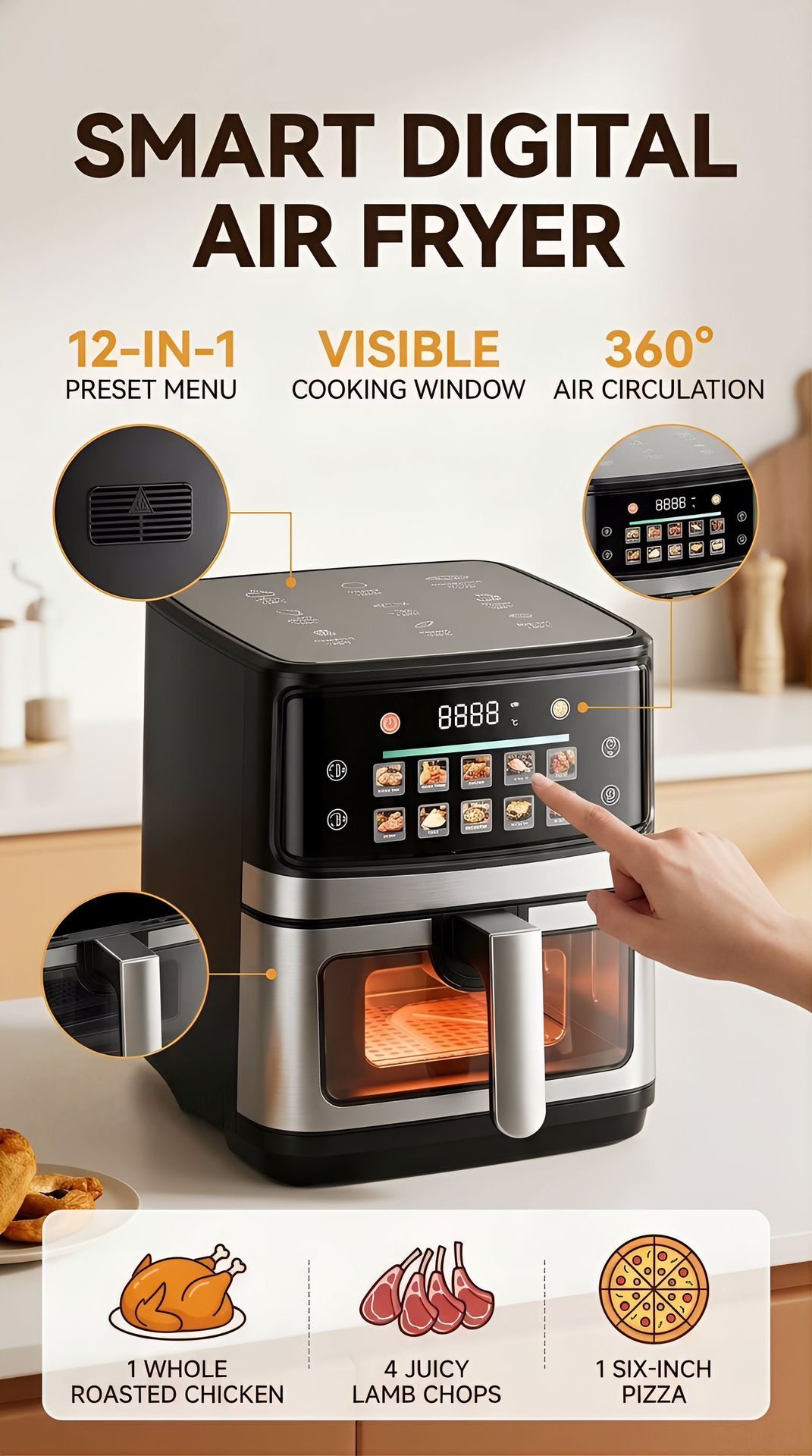 Cross-border Exclusive airfryer 12L Visible Air Fryer Large Capacity Stainless Steel Multifunctional US Specification 110V