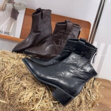 Monica2025手抓纹牛皮尖头粗跟短靴复古马丁靴西部牛仔靴5076-01