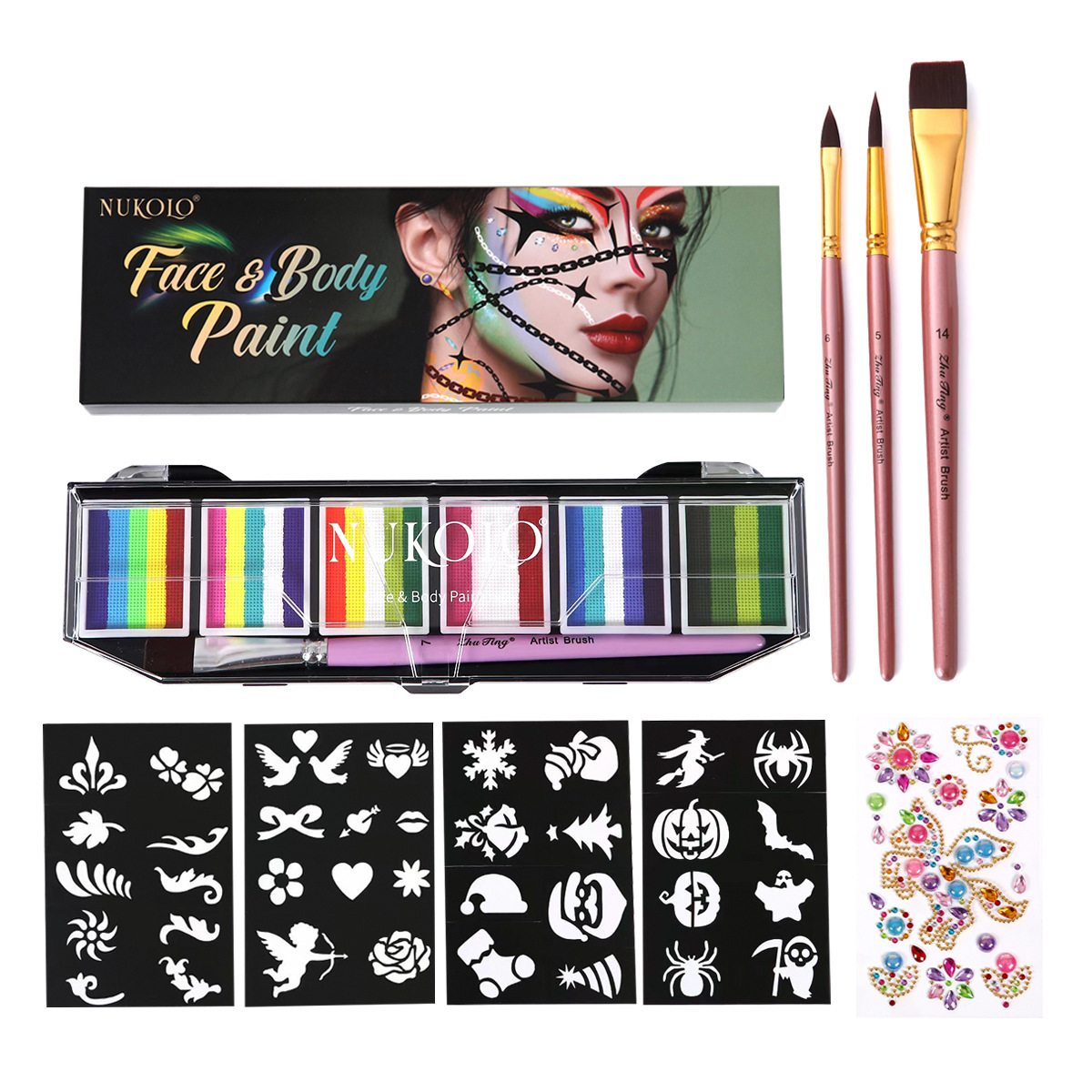 Ventas transfronterizas calientes 6 grupos de paleta de color de barra arcoíris conjunto acuoso cuerpo humano pintado pigmento de pintura facial pasta de color pigmento de acuarela