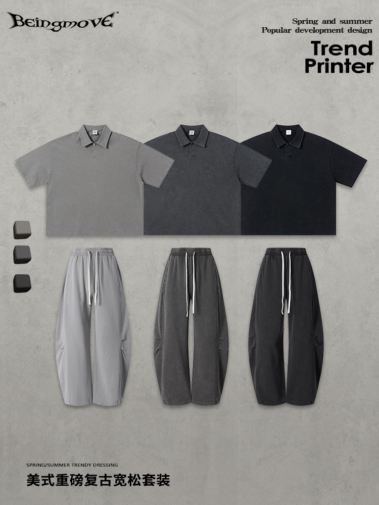 Calle secada| Nuevo estilo americano cuello de polo callejero mangas cortas macheta retro pantalones rectos trajes deportivos casuales