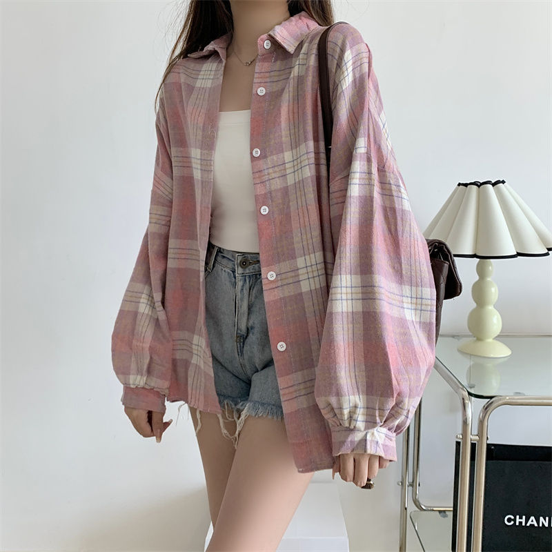 格子衬衣女韩系设计感小个子春秋复古百搭宽松衬衫防晒内搭外套|undefined