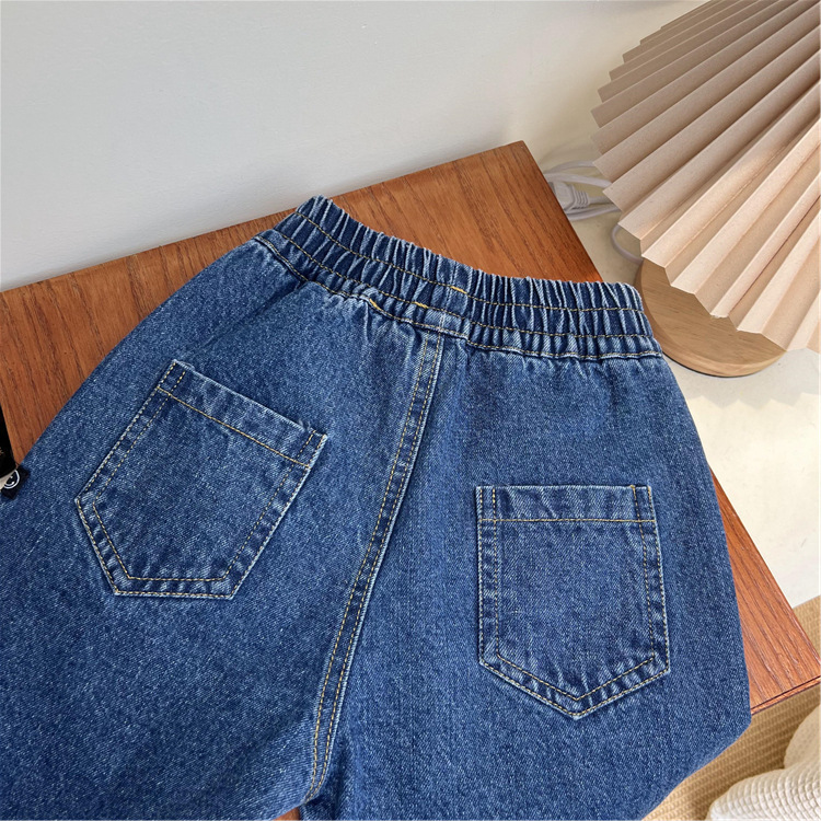 Korejske otroške oblačila, jesenske temno modre kavbojke 2024, ohlapne enobarvne očetovske priložnostne jeans hlače za fantke in deklice_voghion.com