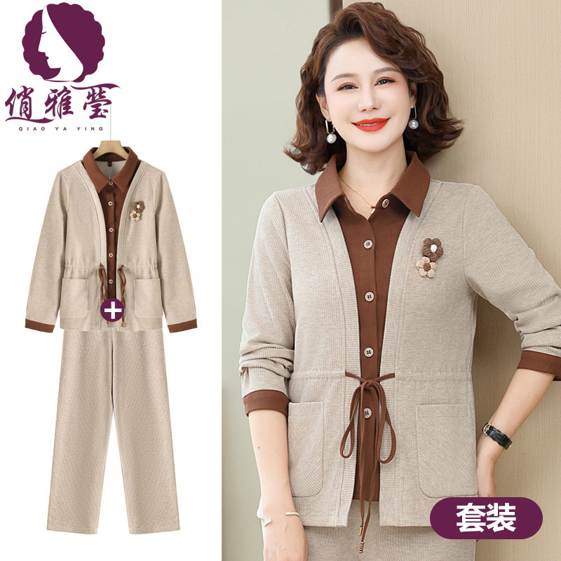Middle-aged Mother Spring Wear Sports suit Casual Coat Western-style Fake Two-piece Cardigan Middle-aged Women's Spring and Autumn Two-piece Set