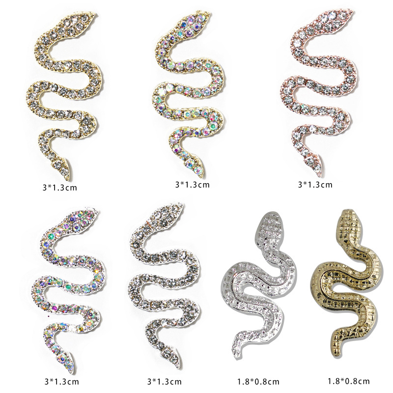 Aleación de uñas serpiente incrustada en diamantes accesorios de uñas tridimensionales Diamante de uñas joyas de metal oro plata diamante accesorios de uñas