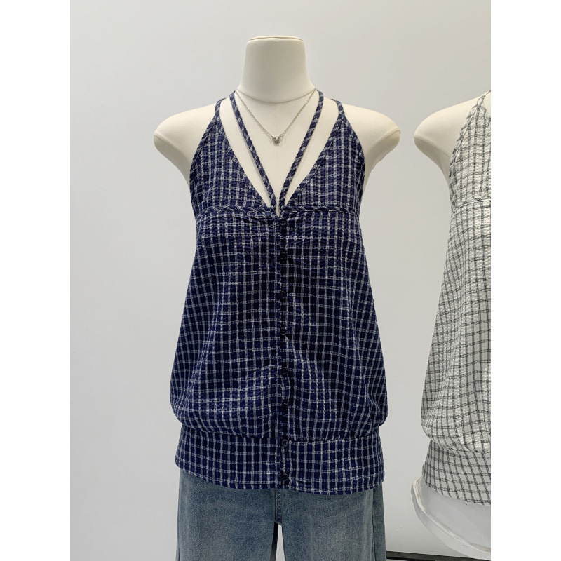 Beautiful Korean-Style Design Halter Neck Tie V-Neck Plaid Loose Sleeveless Camisole Summer Outerwear Top Beautiful Korean-Style Design Halter Neck Tie V-Neck Plaid Loose Sleeveless Camisole Summer Outerwear Top