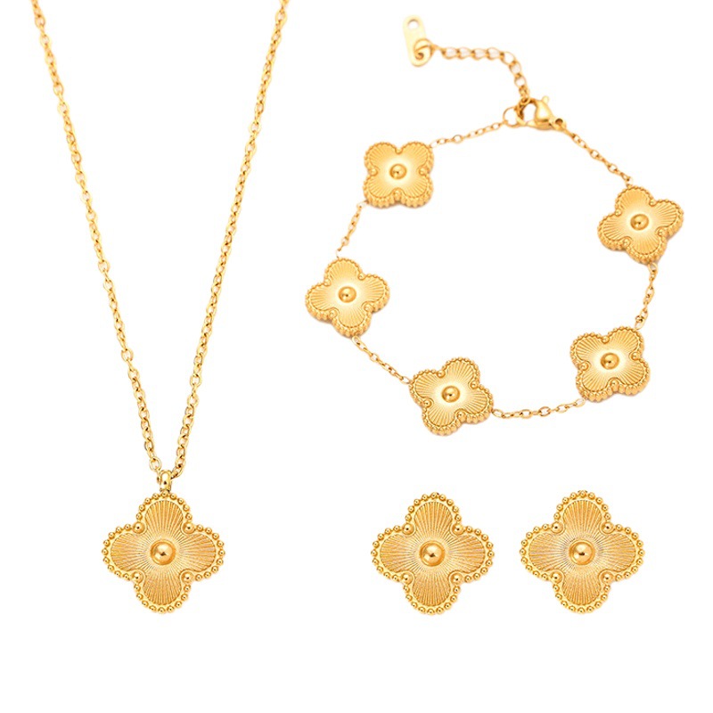 Moda de alta calidad de doble cara de trébol collar de aretes pulsera traje afortunado de acero inoxidable de cinco flores joyas transfronterizas